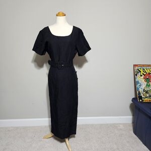Vintage New York Studio Black Linen Blend Belted Midi Dress - Size 12